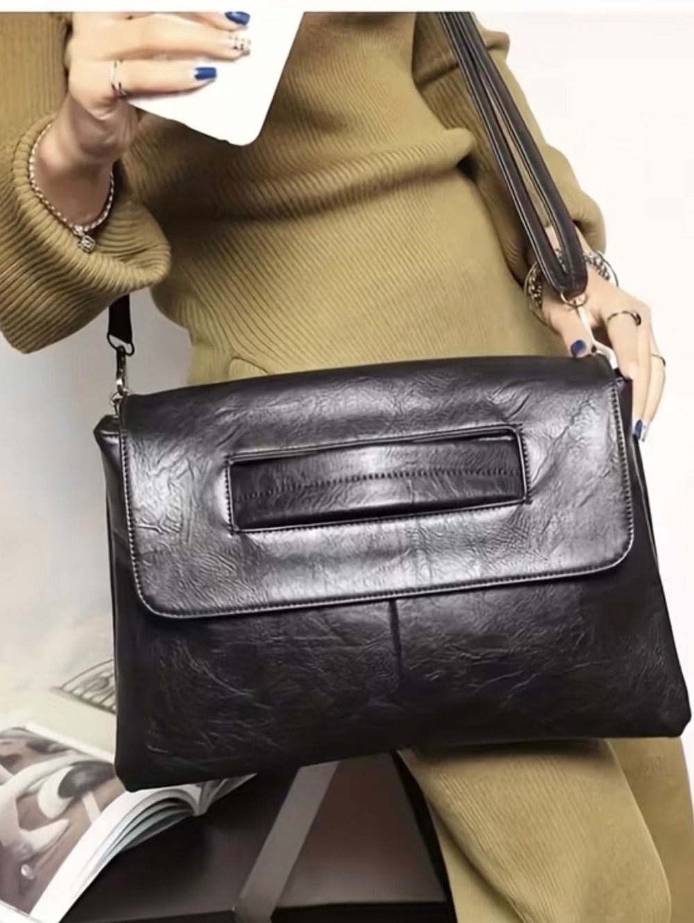 New -Sleek & Stylish Faux Leather Messenger/Crossbody Bag -Black